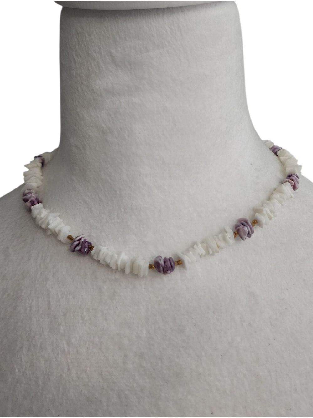White Puka Shell Necklace with Lavender Accents